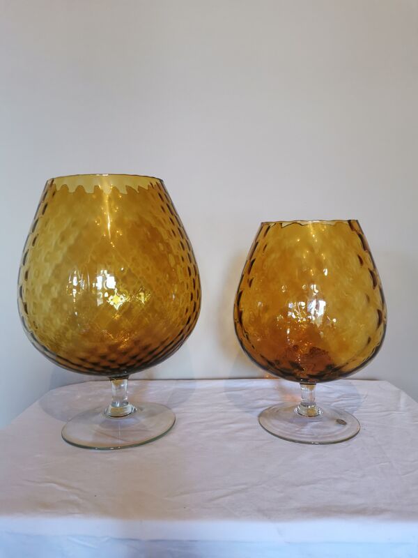 Ensemble de 2 vases vintages en forme de verre jaune moutarde