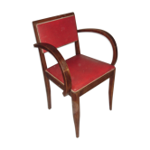 Fauteuil bridge de 1940 art déco bois & skaï rouge