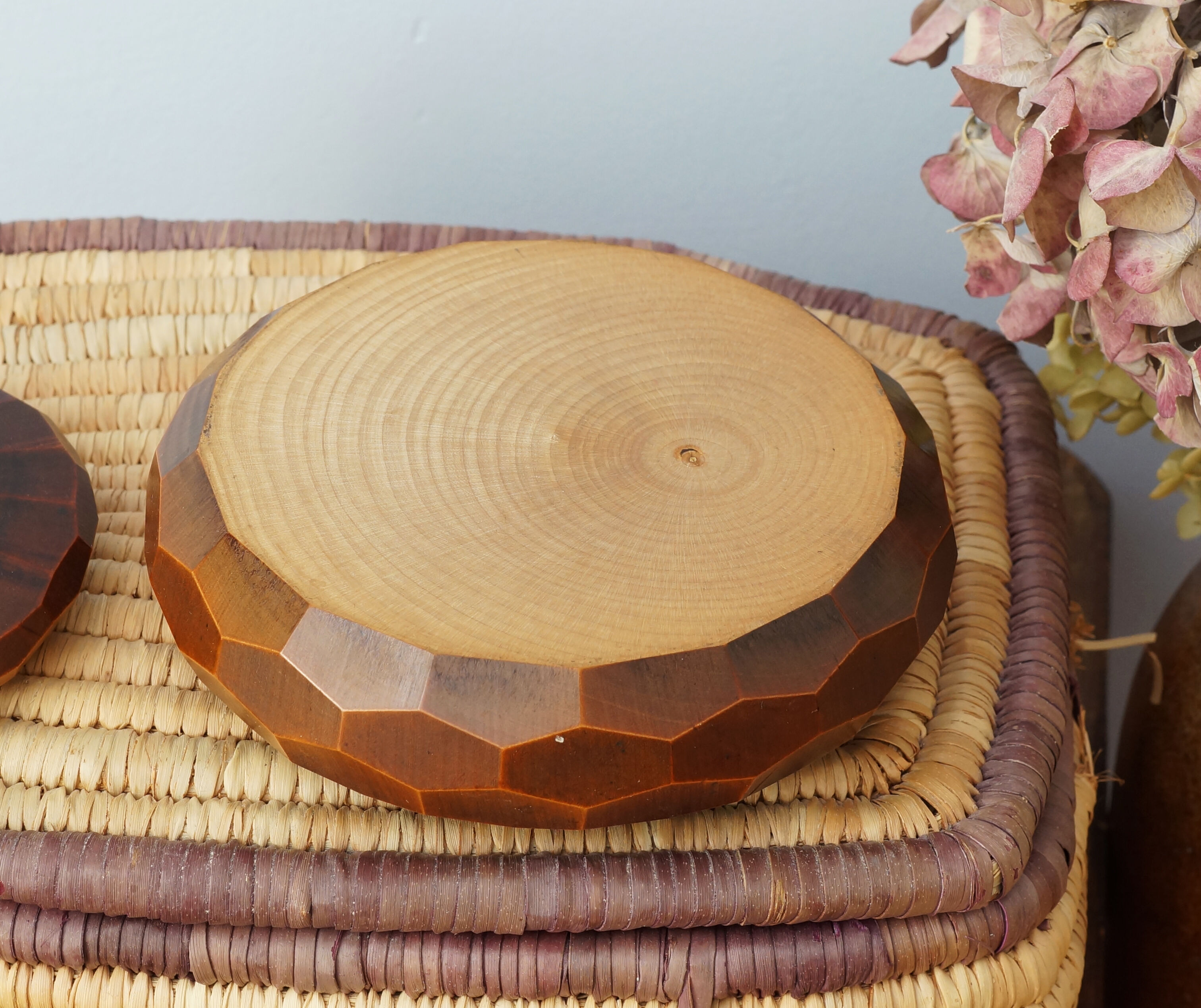 Faceted carved wooden box, vintage