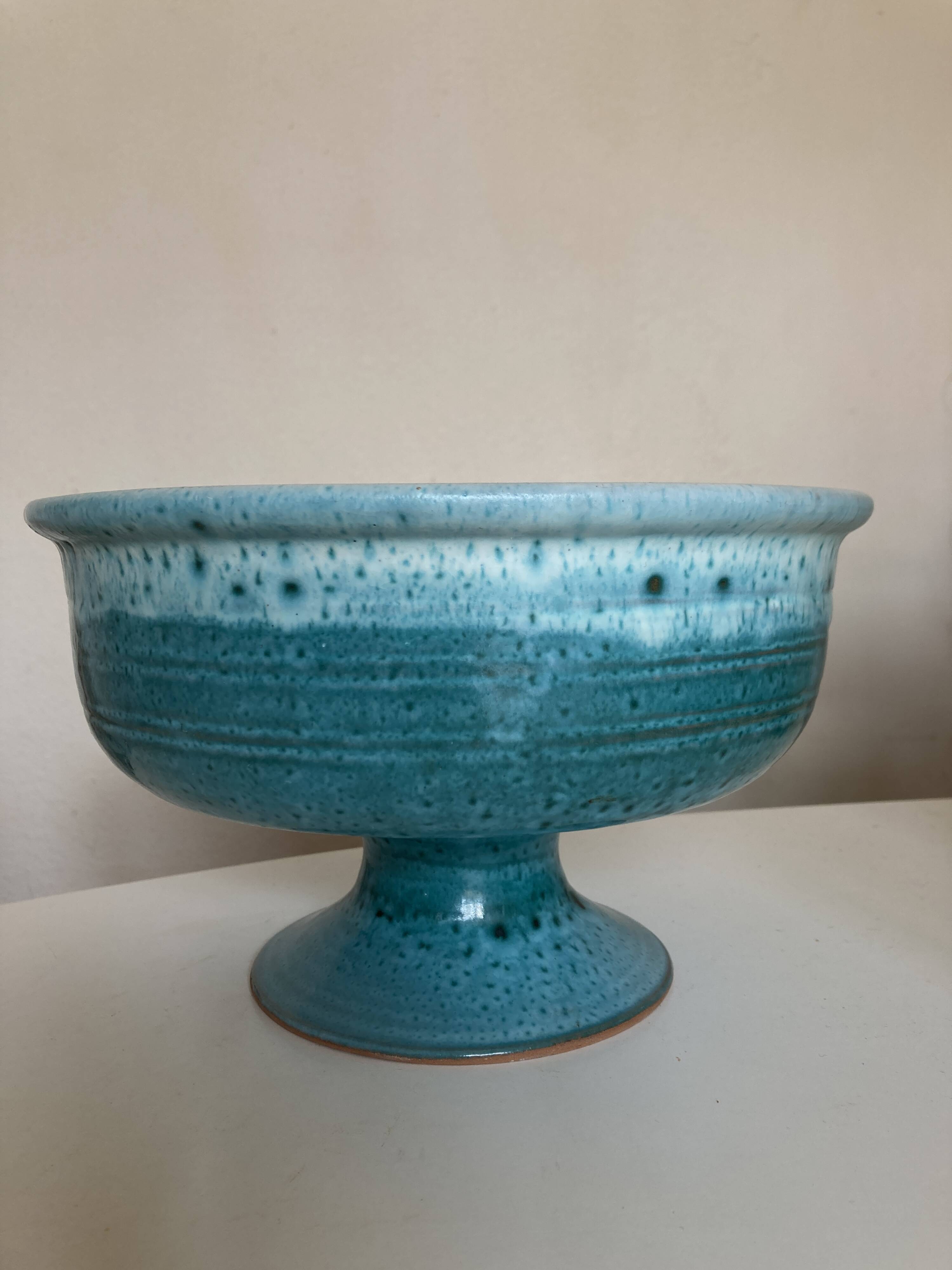 Ceramic turquoise centerpiece on foot Vallauris terracotta mid century