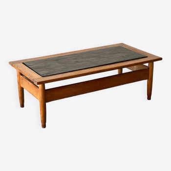 Oak coffee table, vintage slate top 1960