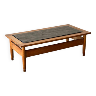 Oak coffee table, vintage slate top 1960