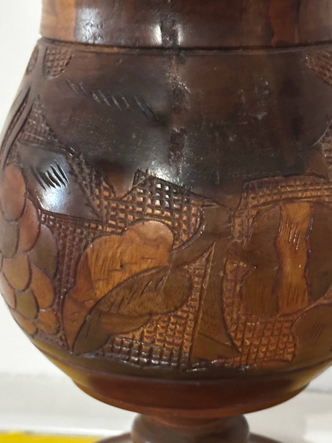 Vintage Turned and Carved Wooden Vase - Vine Decor H 28 cm