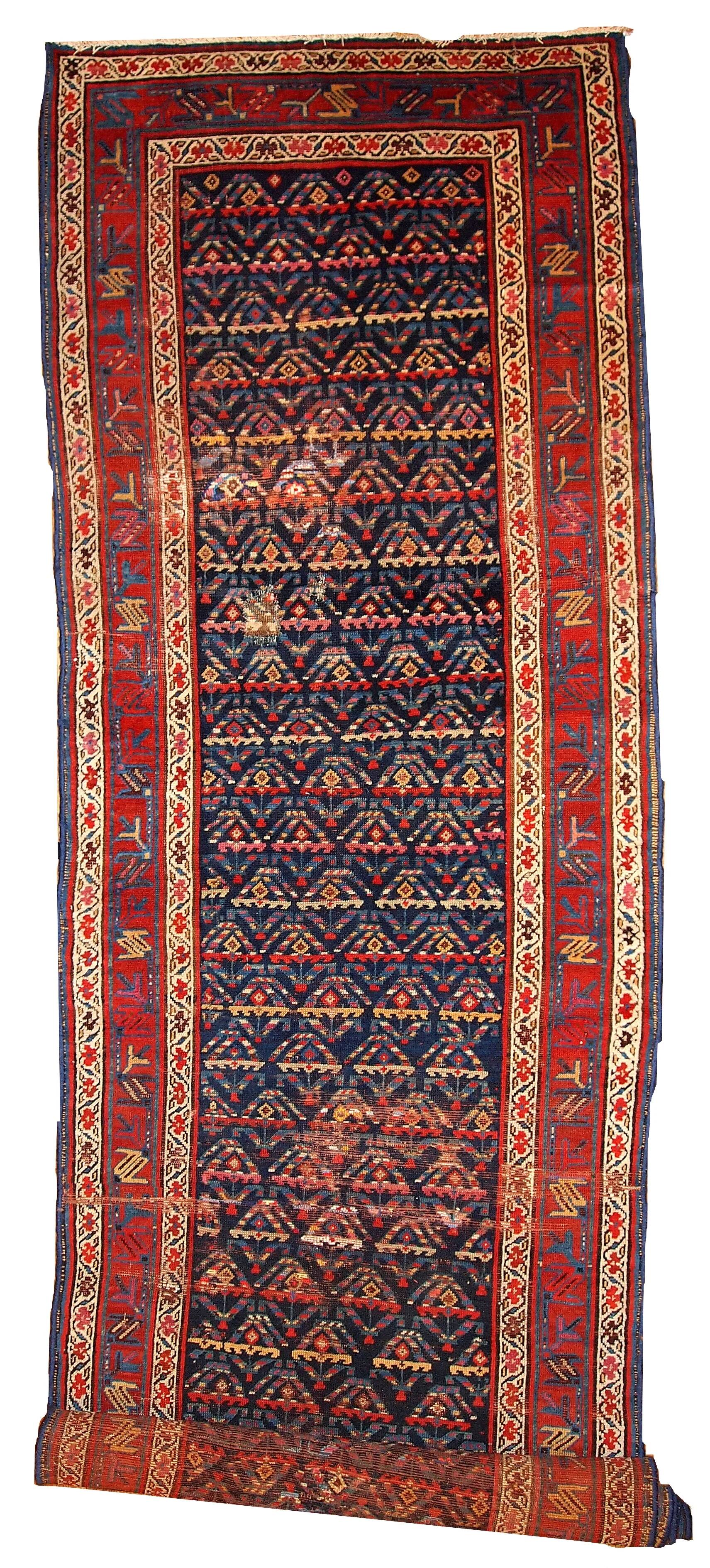 Tapis couloir ancien persan kurde fait main, usé, 103 cm x 375 cm, années 1900.