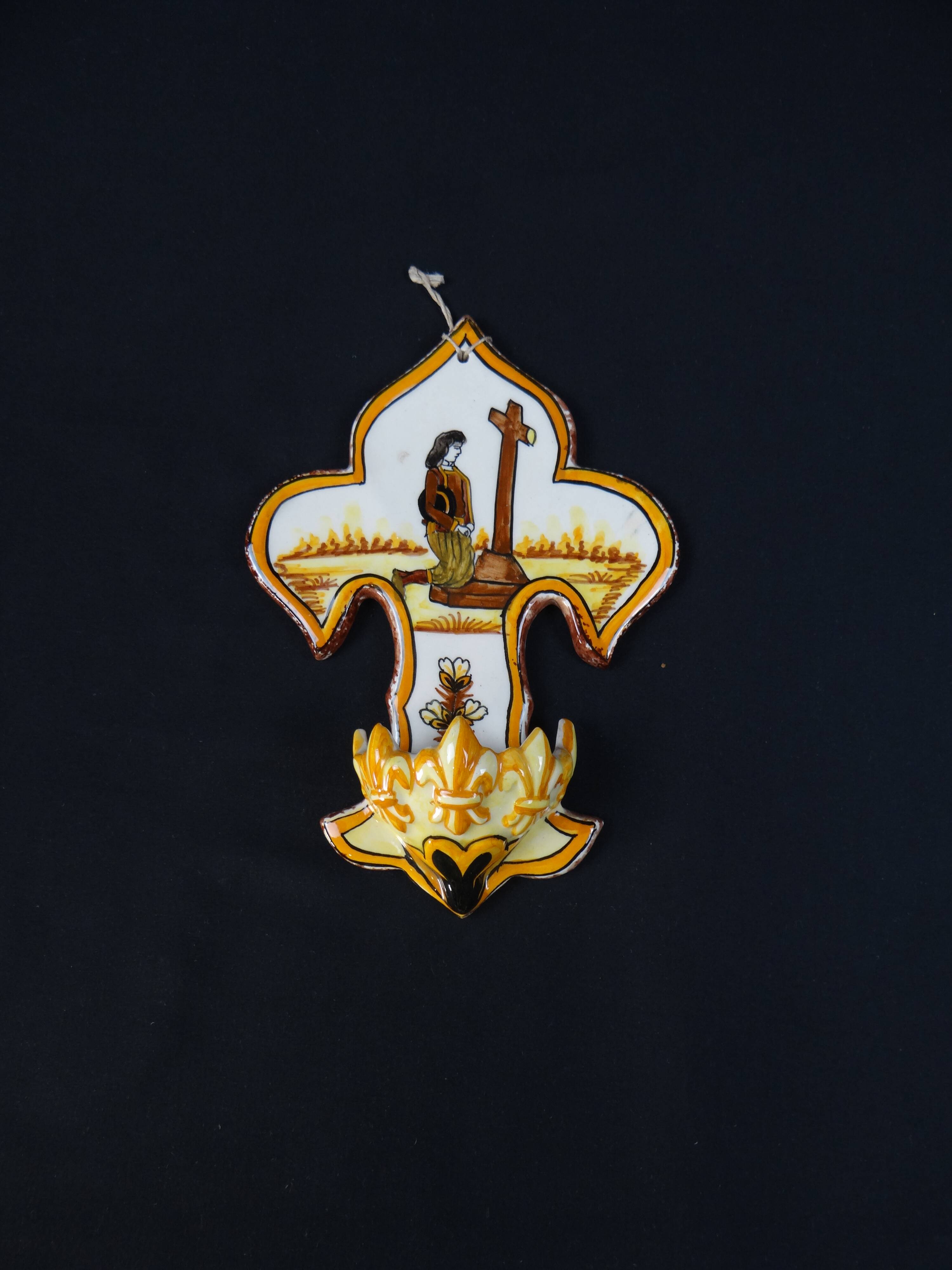 Polychrome earthenware holy water font signed Henriot Quimper from the 60s vintage