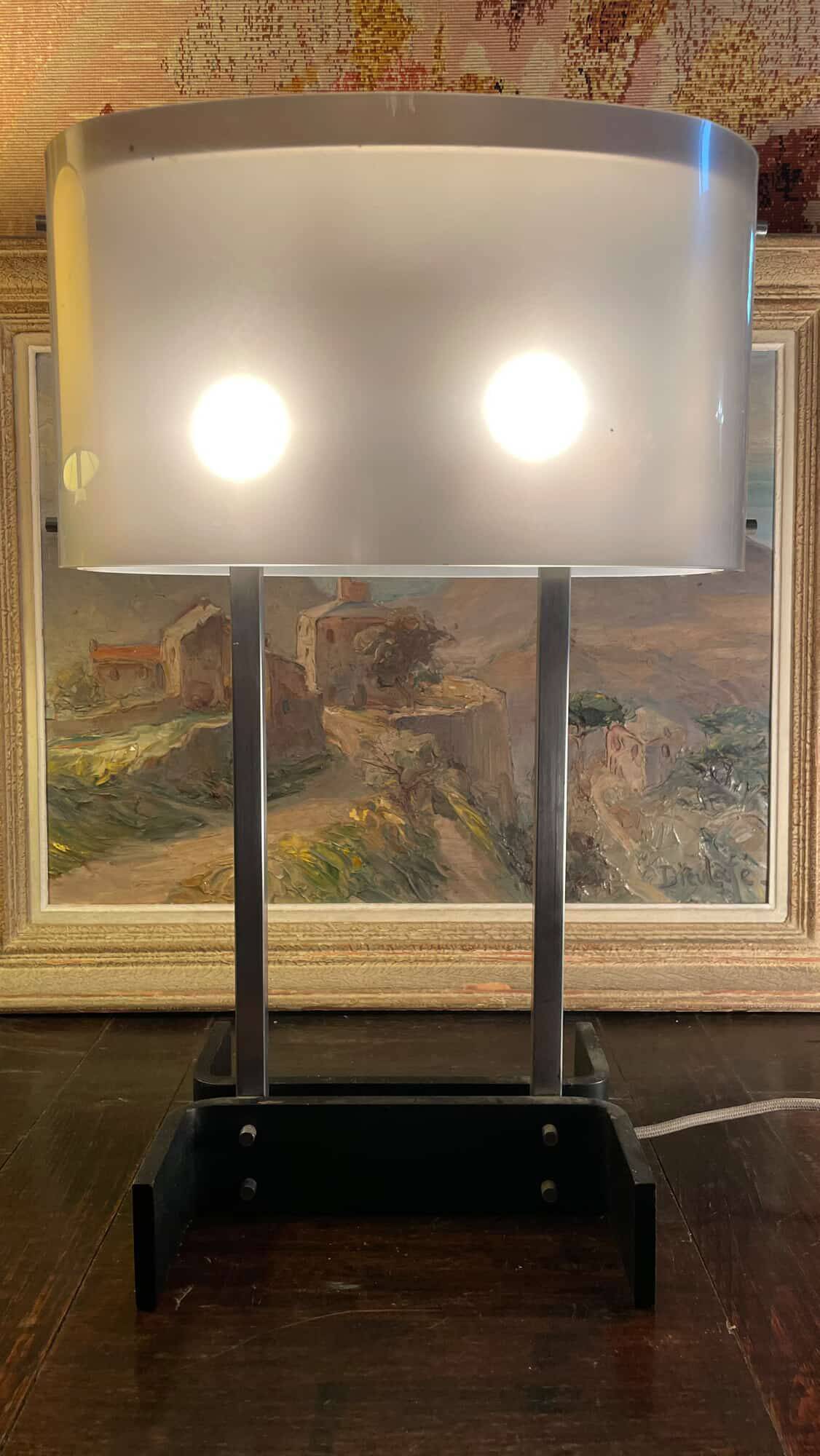 70's design lamp. Chrome with white and smoked grey Plexiglas.