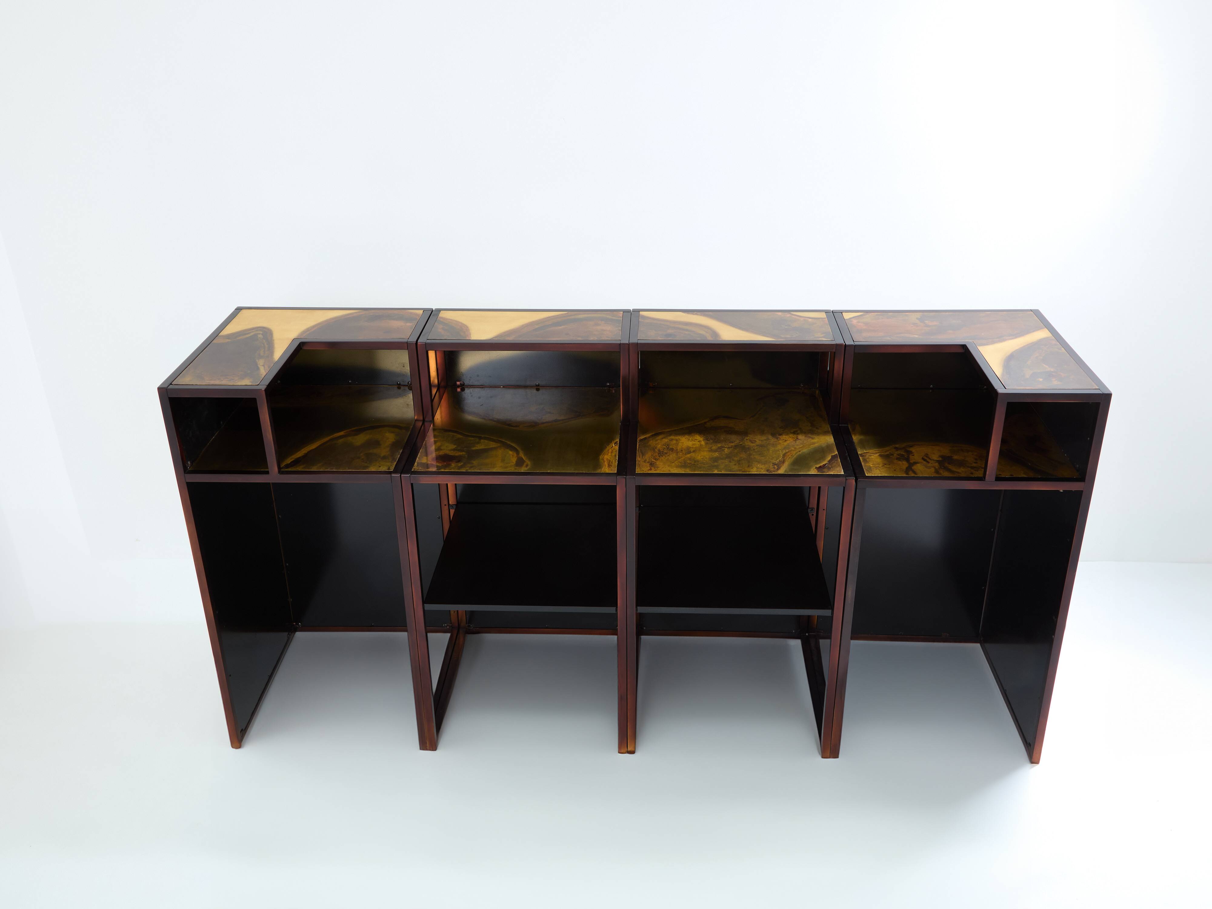 Large oxidized and patinated brass bar by Isabelle and Richard Faure 1970