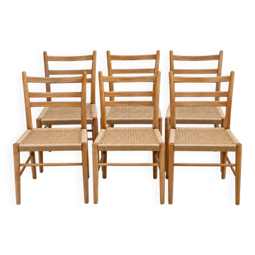 Six mid-century Scandinavian chairs, wood & Danish cord, 1960s.