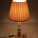 Candlestick lamp, Antique turned wooden base & Striped lampshade