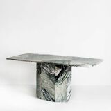 Vintage dining table in green and white veined marble. Completely restored. Italy, 90's
