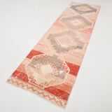Tapis Couloir Vintage Turc, Rouge, Marron Fané & Crème Géométrique, 85x300