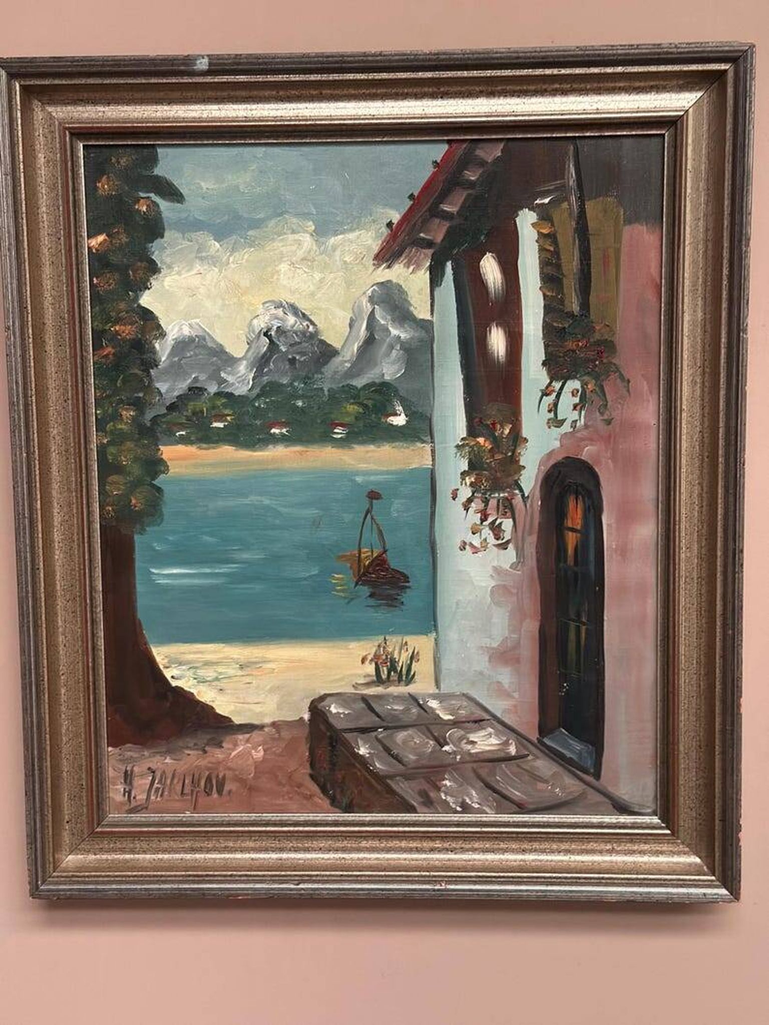 Oil on canvas “By the Lake” by Hartvig Jarlhov, Vintage & Framed 48×56cm