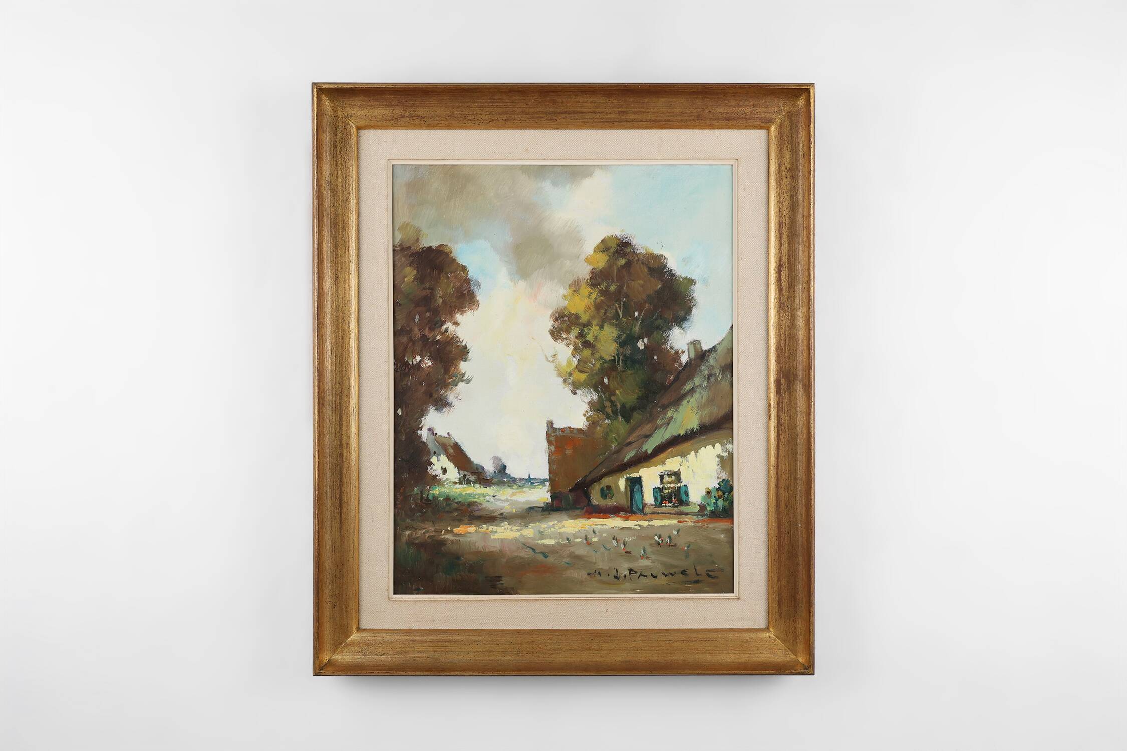 20th Century Belgian Painting of a farm scene with gilded wooden frame
