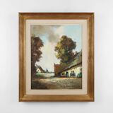 20th Century Belgian Painting of a farm scene with gilded wooden frame