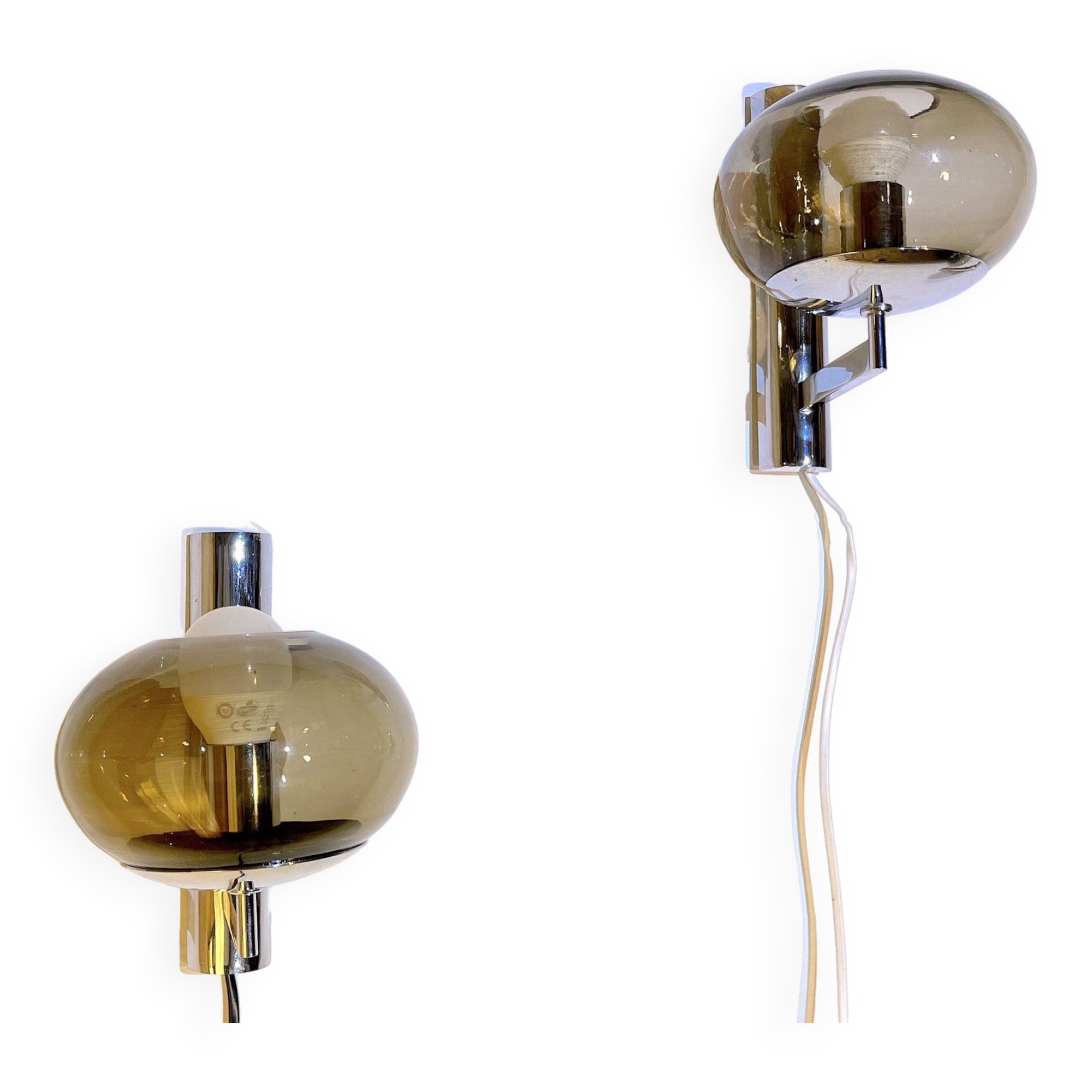 Sciolari, pair of chrome wall lights, smoked glass, Italy, 1970s