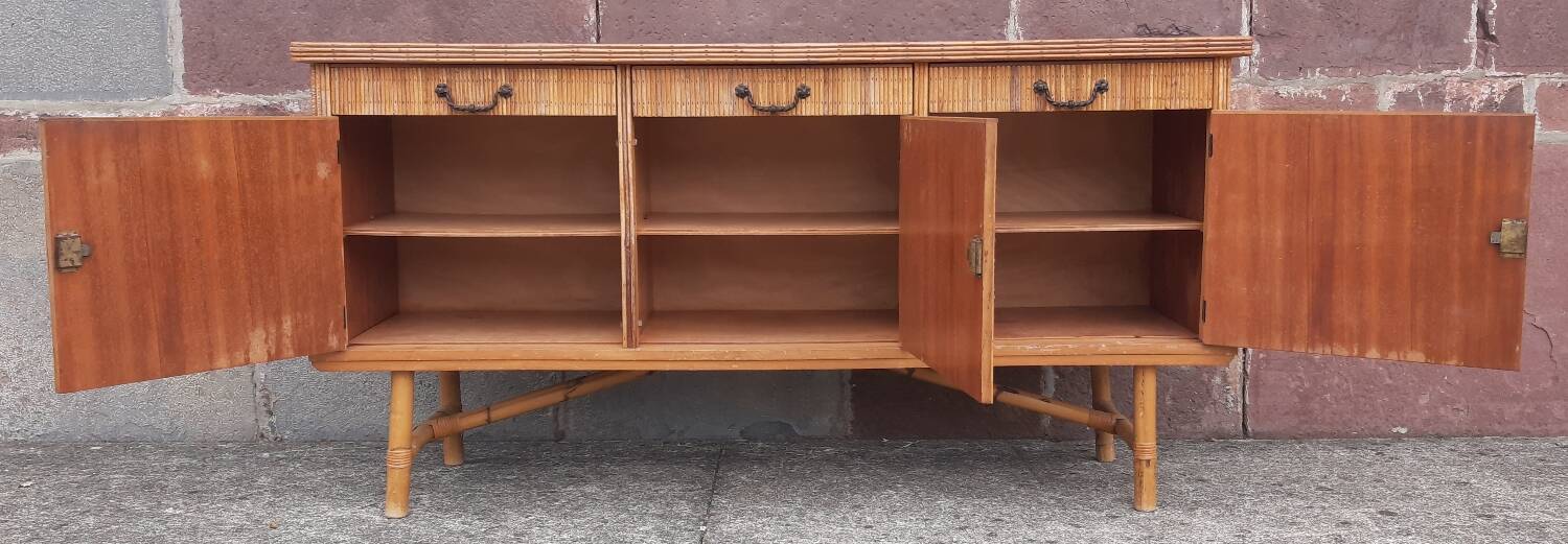 Console table in rattan and bamboo, (Attributed to Audoux-Minet)