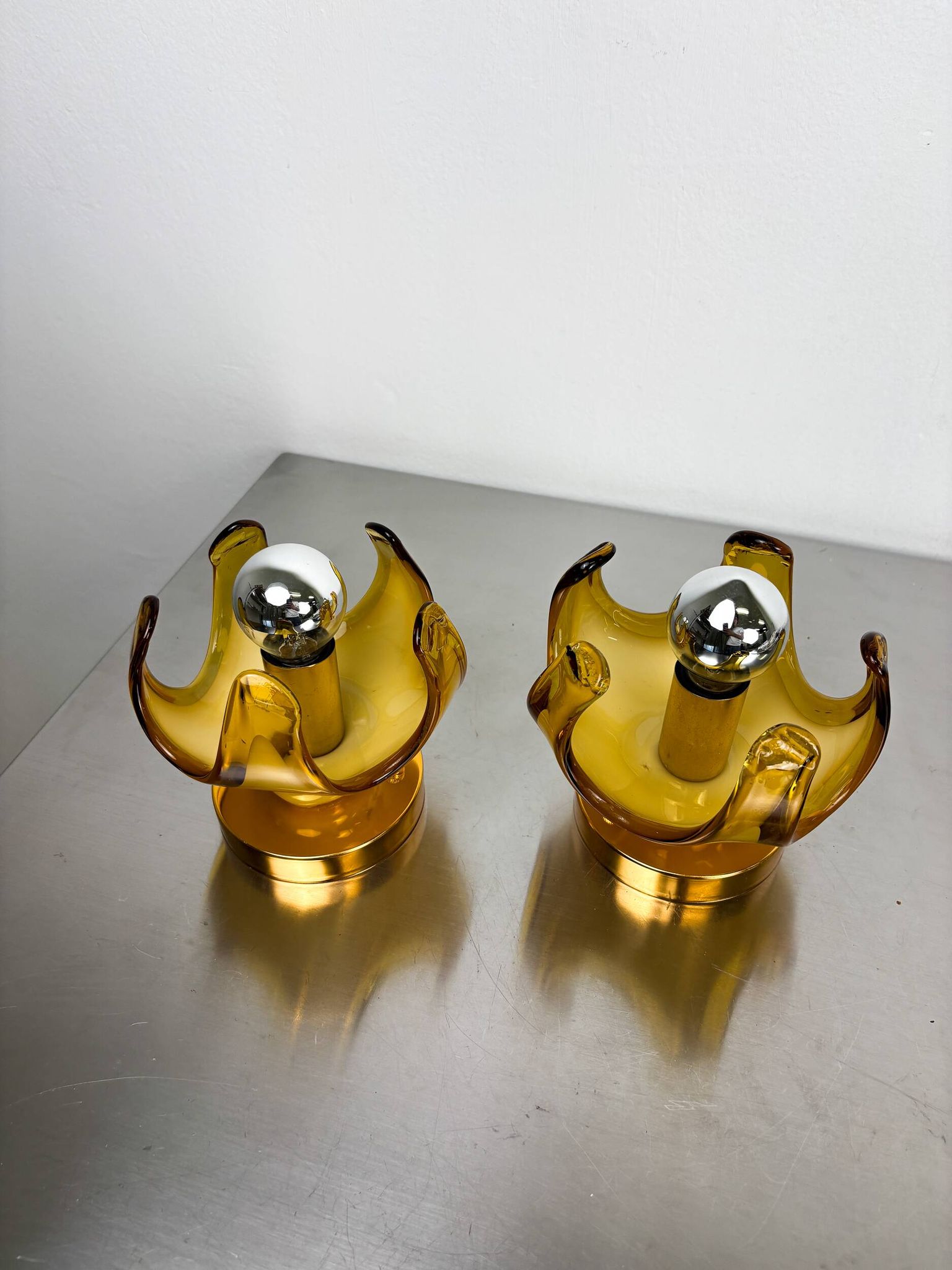Pair of Carlo Nason wall lights for Mazzega Murano, blown Murano glass orange I