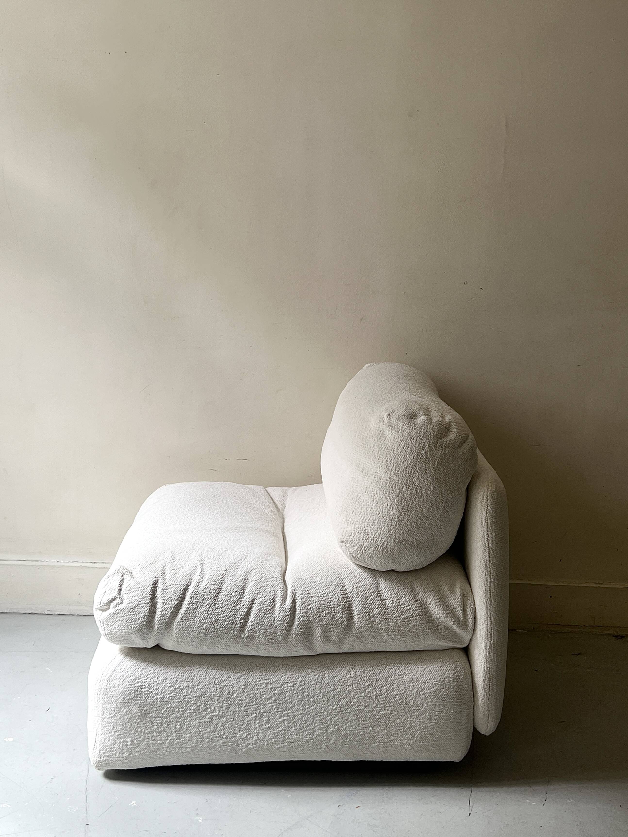 Italian off-white chenille armchair with a wooden base, 1970s design.