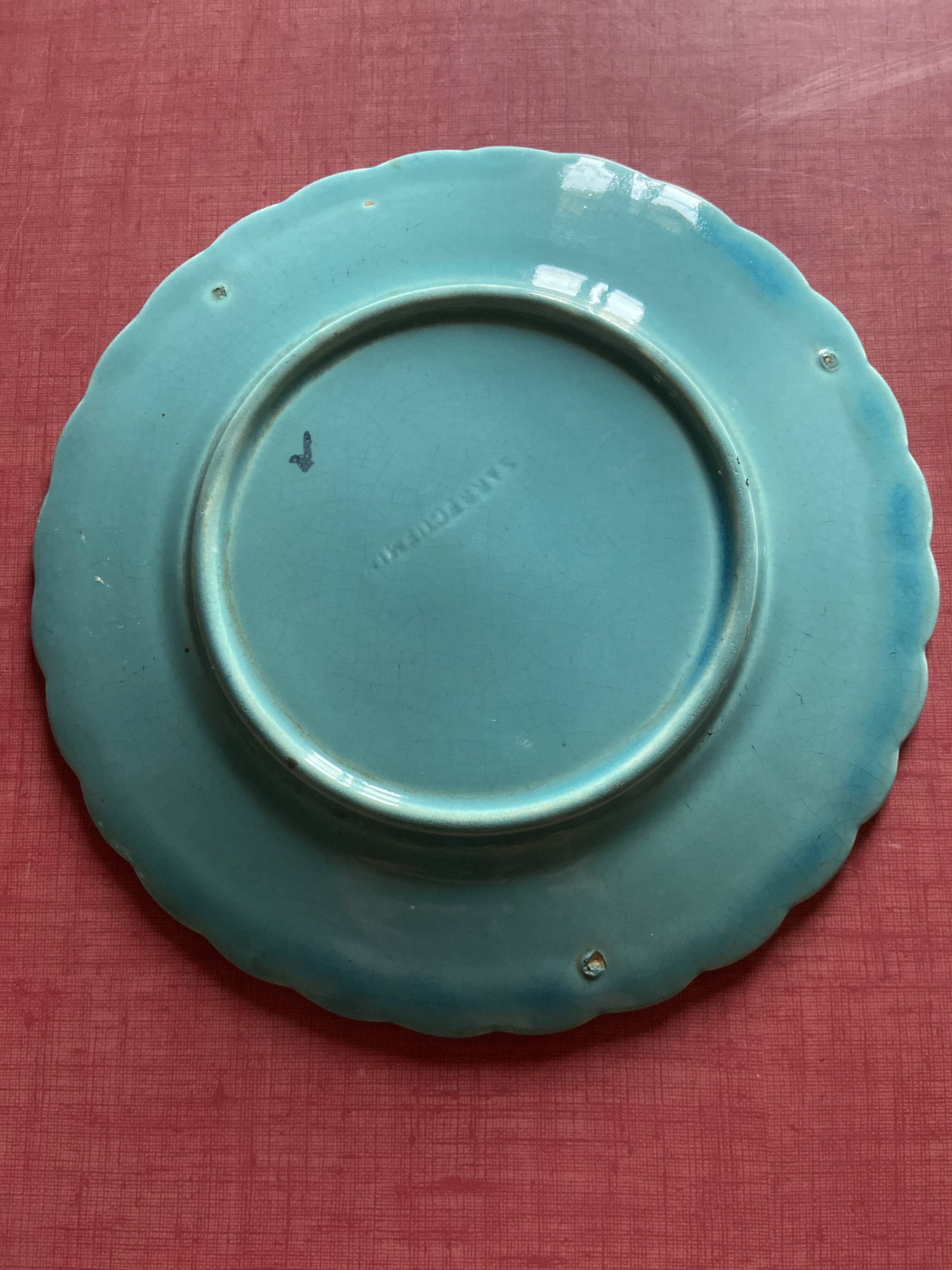 Set of 6 Barbotine Plates Sarreguemines Turquoise - Birds & Fruit