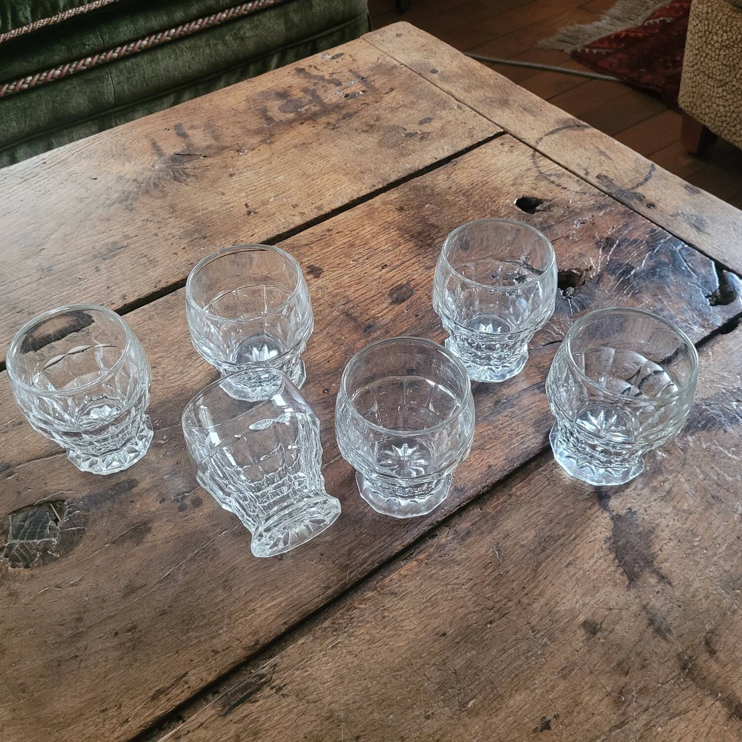 molded glass glasses with geometric decoration – France, 1950s
