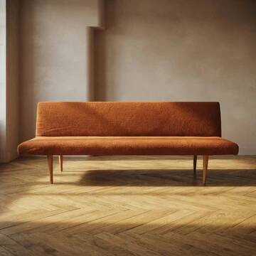 Lit de jour pliant des années 50 par Miroslav Navrátil, revêtement orange, années 1960, Tchécoslovaquie, 186 × 60 × 72 cm