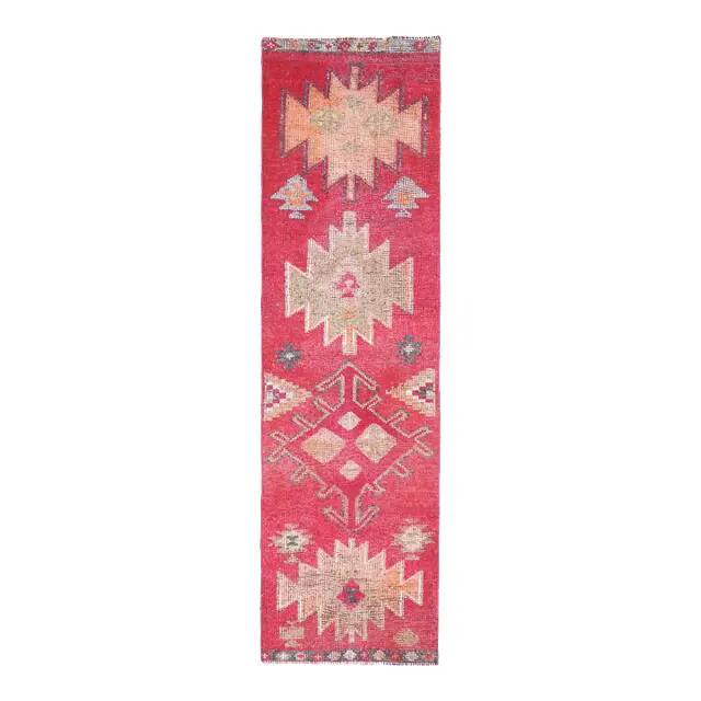 1970s vintage Turkish hand-knotted wool cotton pink runner rug 80x289