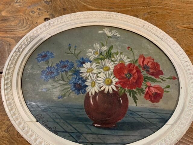 Tableau ancien bouquet de fleurs anémones encadré et signé Ch. Girardin