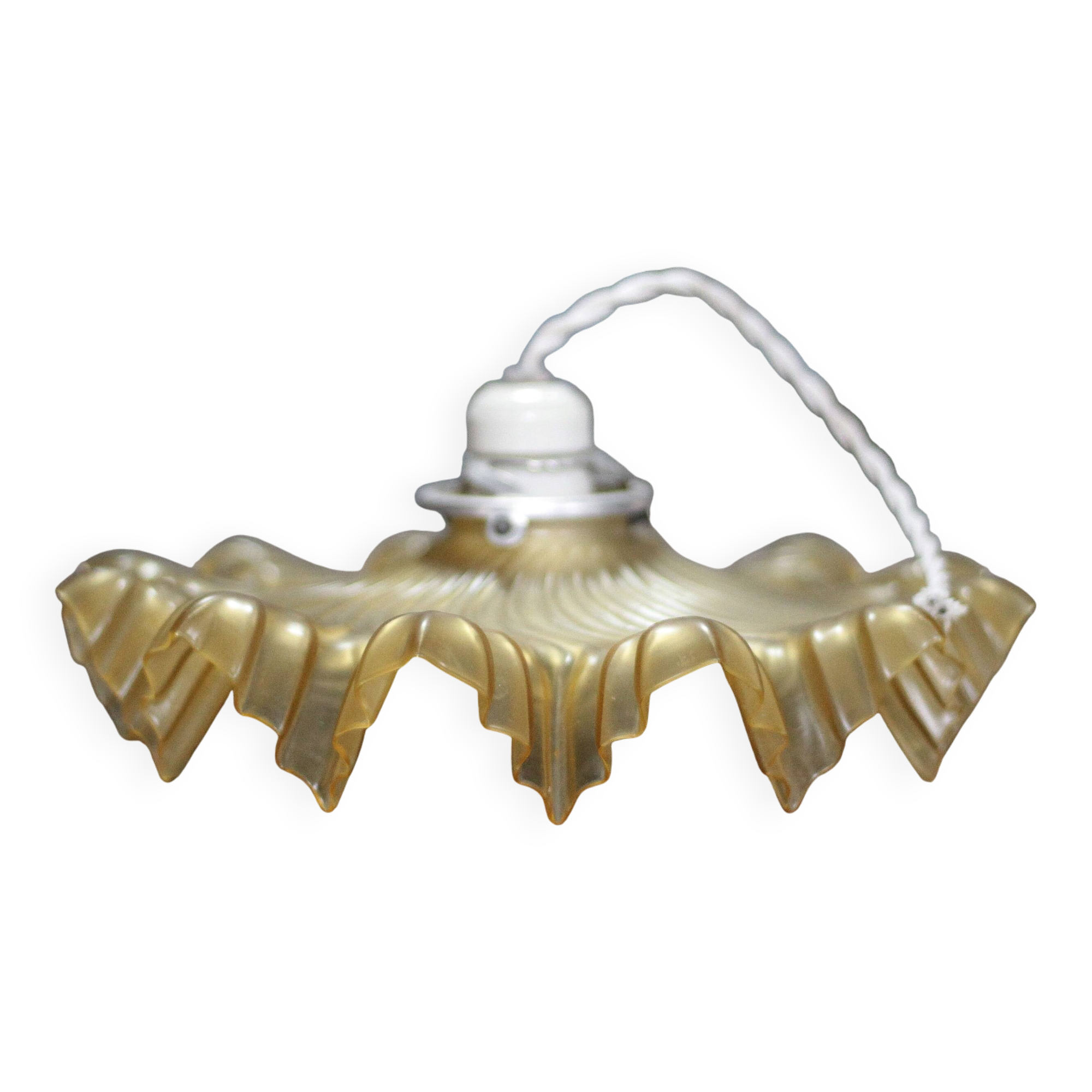 Vintage yellow glass suspension with corolla, glass chandelier, ceiling lamp.