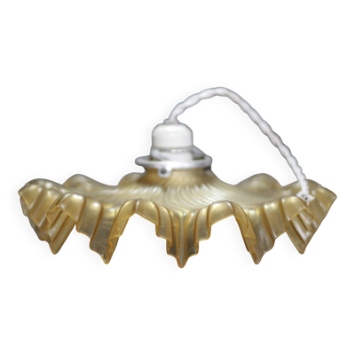 Suspension verre jaune a corolle vintage, lustre verre, lampe de plafond