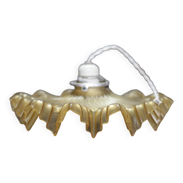 Suspension verre jaune a corolle vintage, lustre verre, lampe de plafond