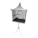 Mid-century pagoda bird cage on stand — white & black metal with brass accents