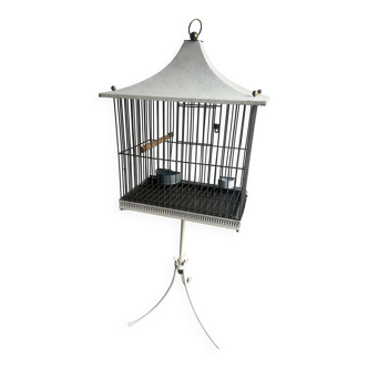 Mid-century pagoda bird cage on stand — white & black metal with brass accents