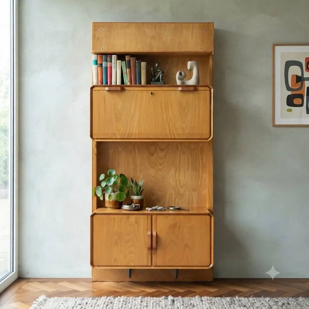 Vintage maple cabinet with drop-down front, Italian design, 1960s.