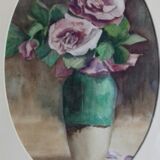 Ancient watercolor of roses blooming in a rustic pot