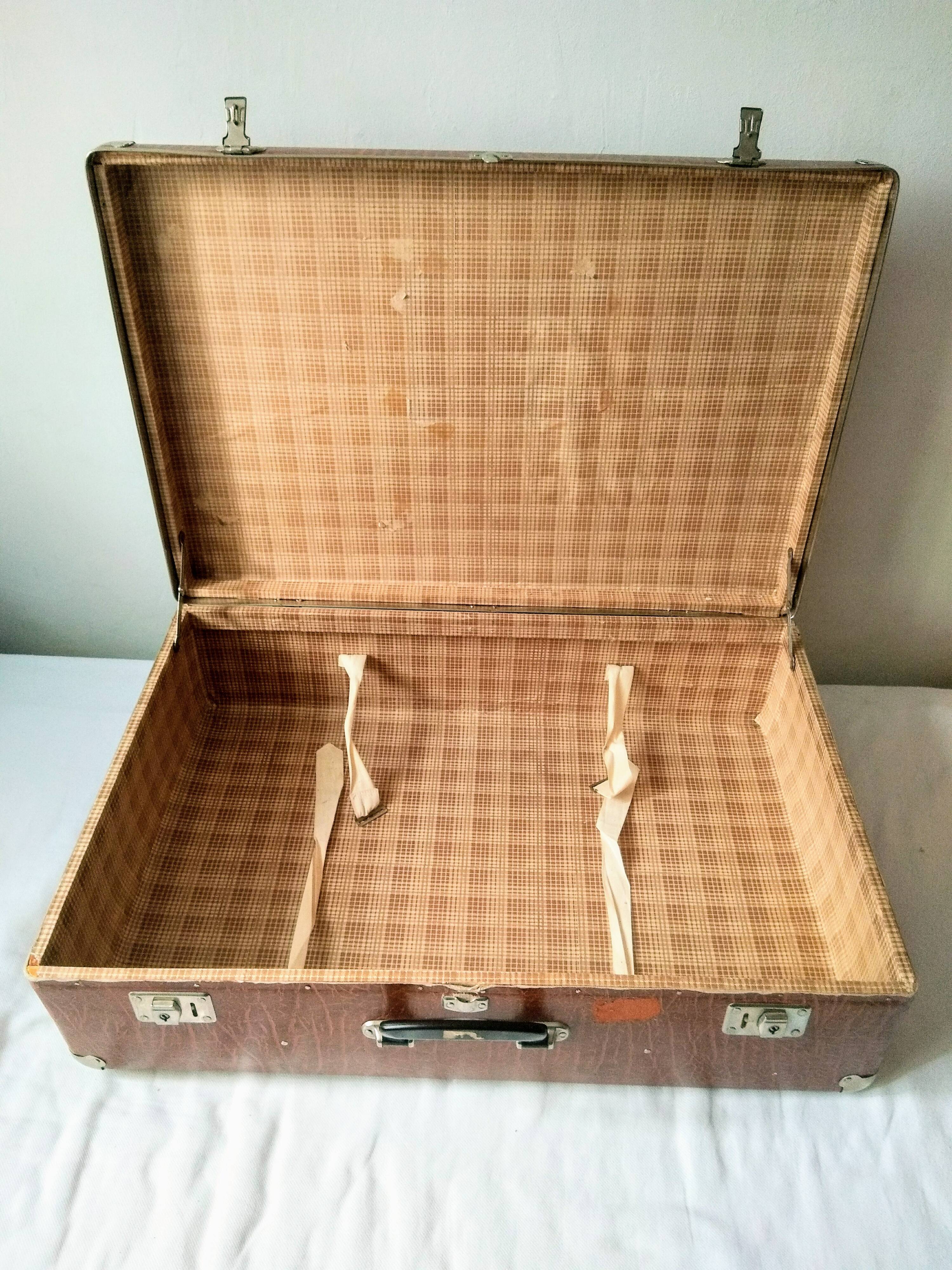 Large light brown cardboard suitcase and decorative vintage year 50 60 70 in very good condition