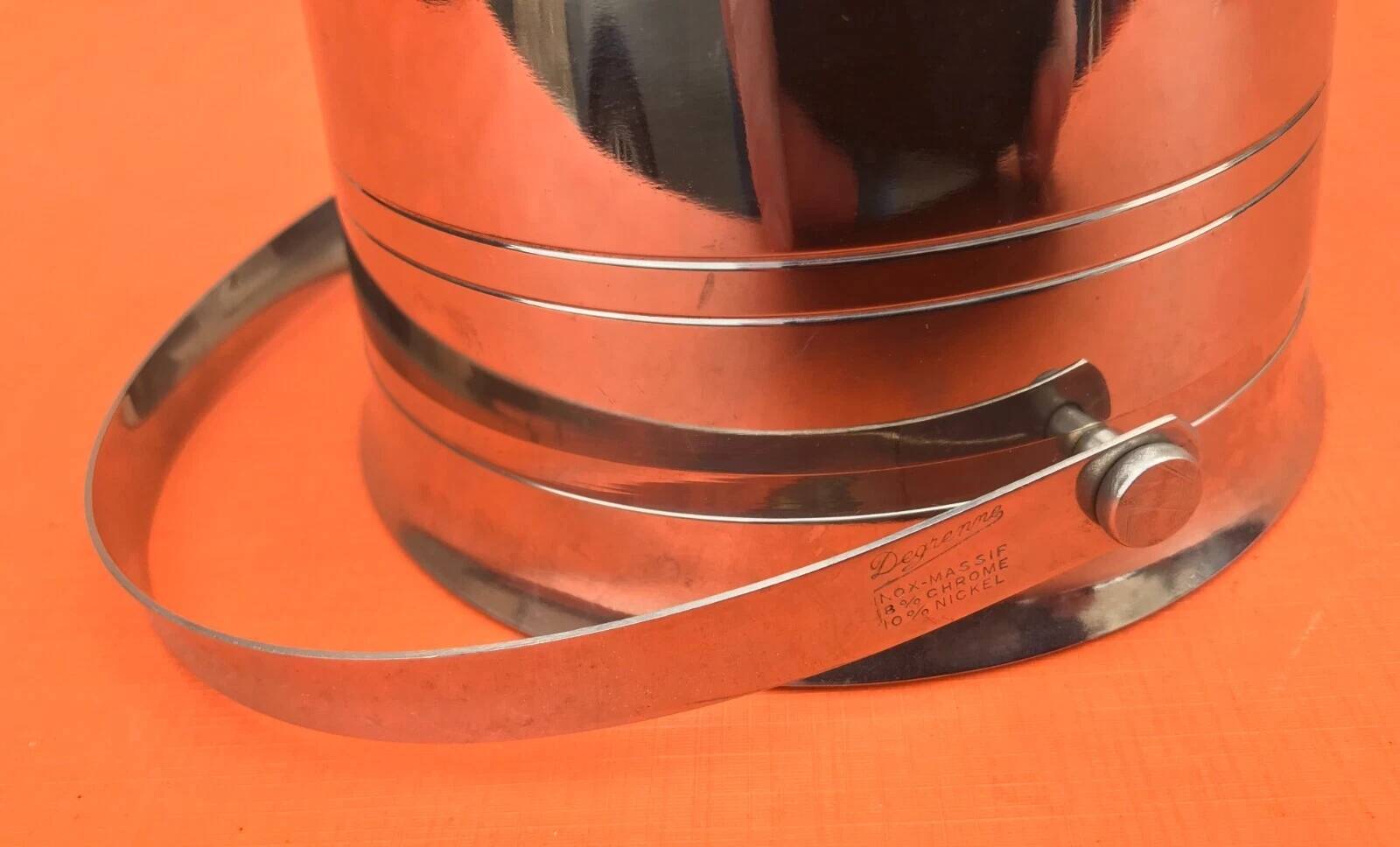 1960s Guy Degrenne Ice Bucket with Handle 18/10 Stainless Steel