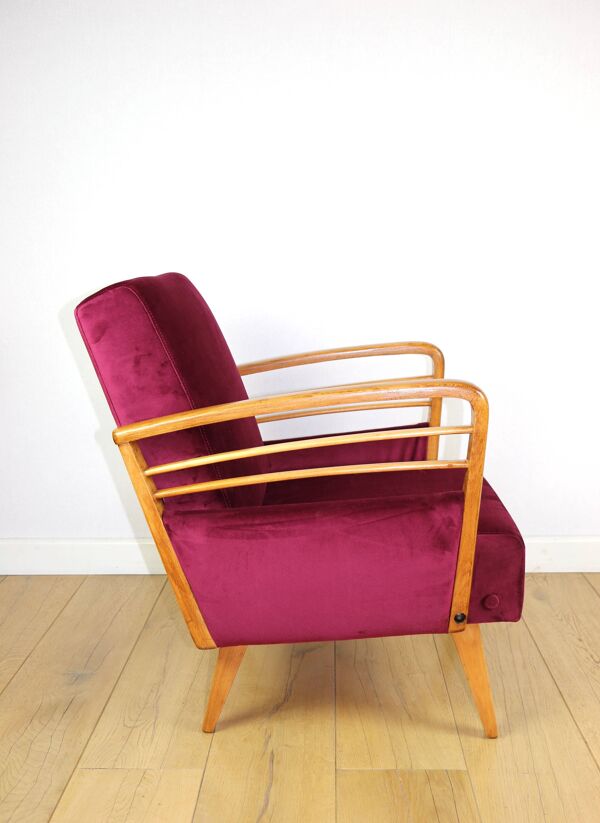 Fauteuil loft Art Déco vintage framboise - années 1960