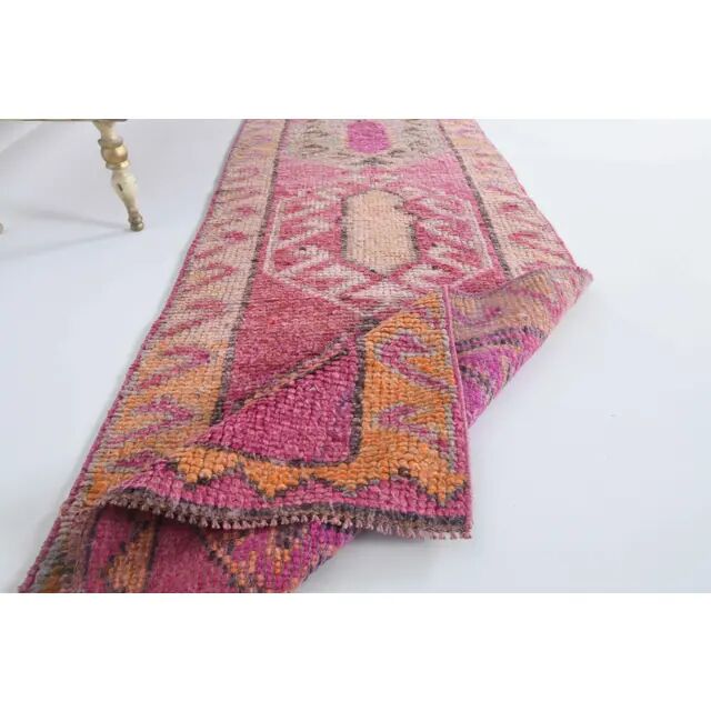 1970s Turkish Hand-Knotted Wool Cotton Pink Runner 87x294