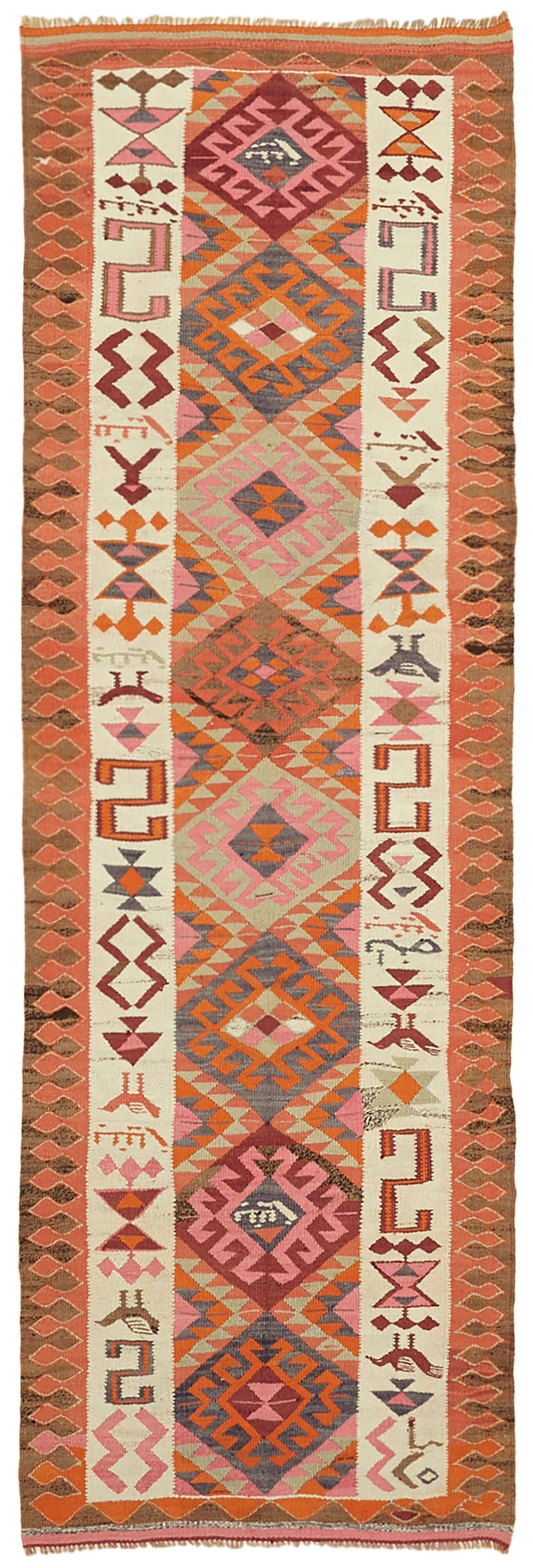Turkish Handwoven Vintage Herki Kilim 110 cm x 318 cm