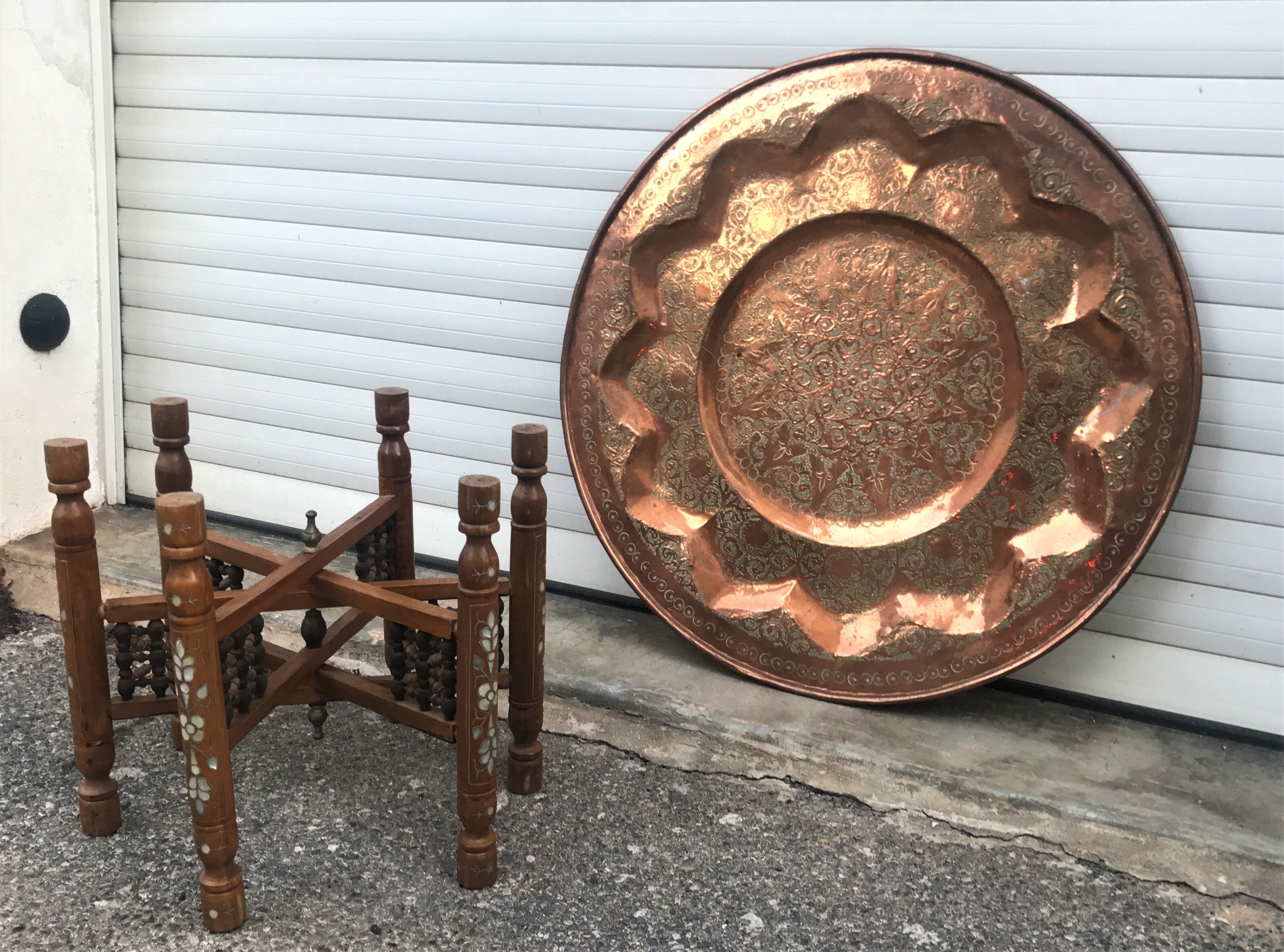 Moroccan copper table on wooden base