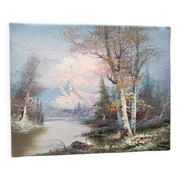 Tableau vintage à l’huile – Forêt au bord du lac sous un ciel pastel