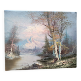 Vintage oil painting – Forest by the lake under a pastel sky