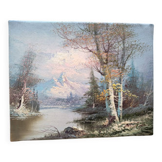 Vintage oil painting – Forest by the lake under a pastel sky
