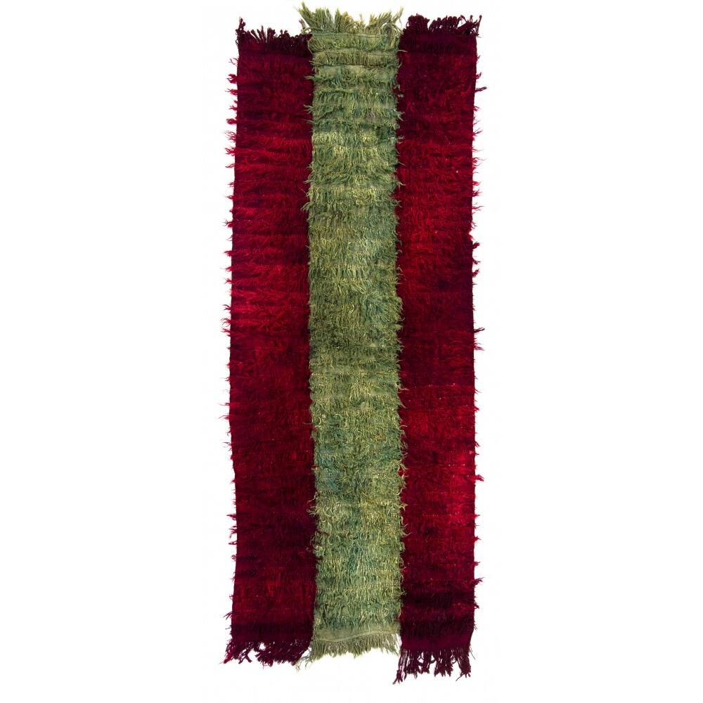 Vintage Filikli Tulu Runner Rug in Red and Green Mohair Angora Wool