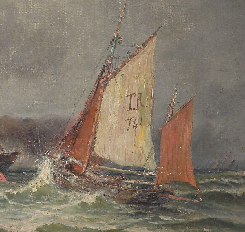 Painting "Entry to the Port in Rough Seas", oil on canvas, signed C. Demont – early 20th century