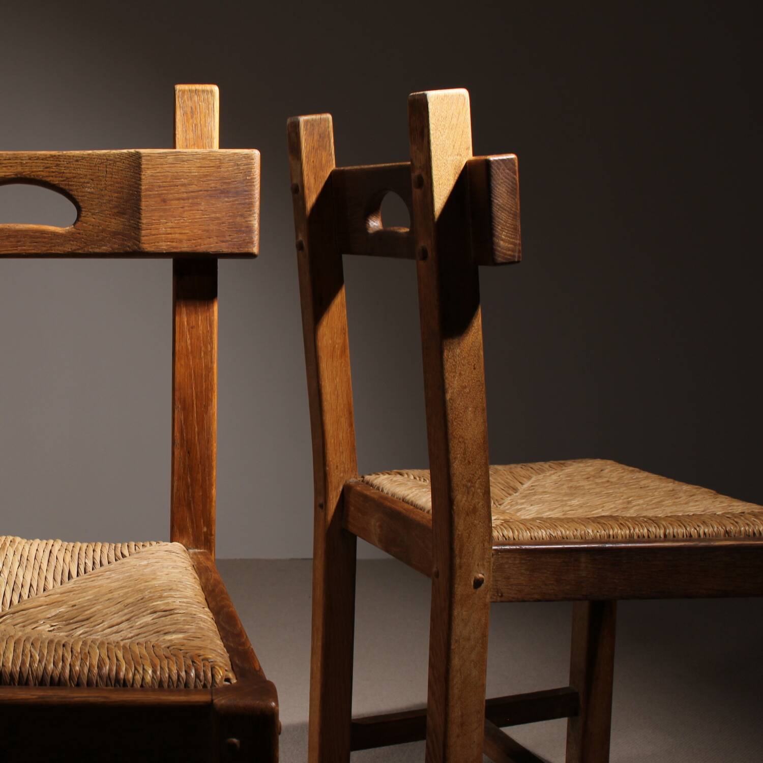 Brutalist Pair of Oak & Rush Chairs | Europe 1960s
