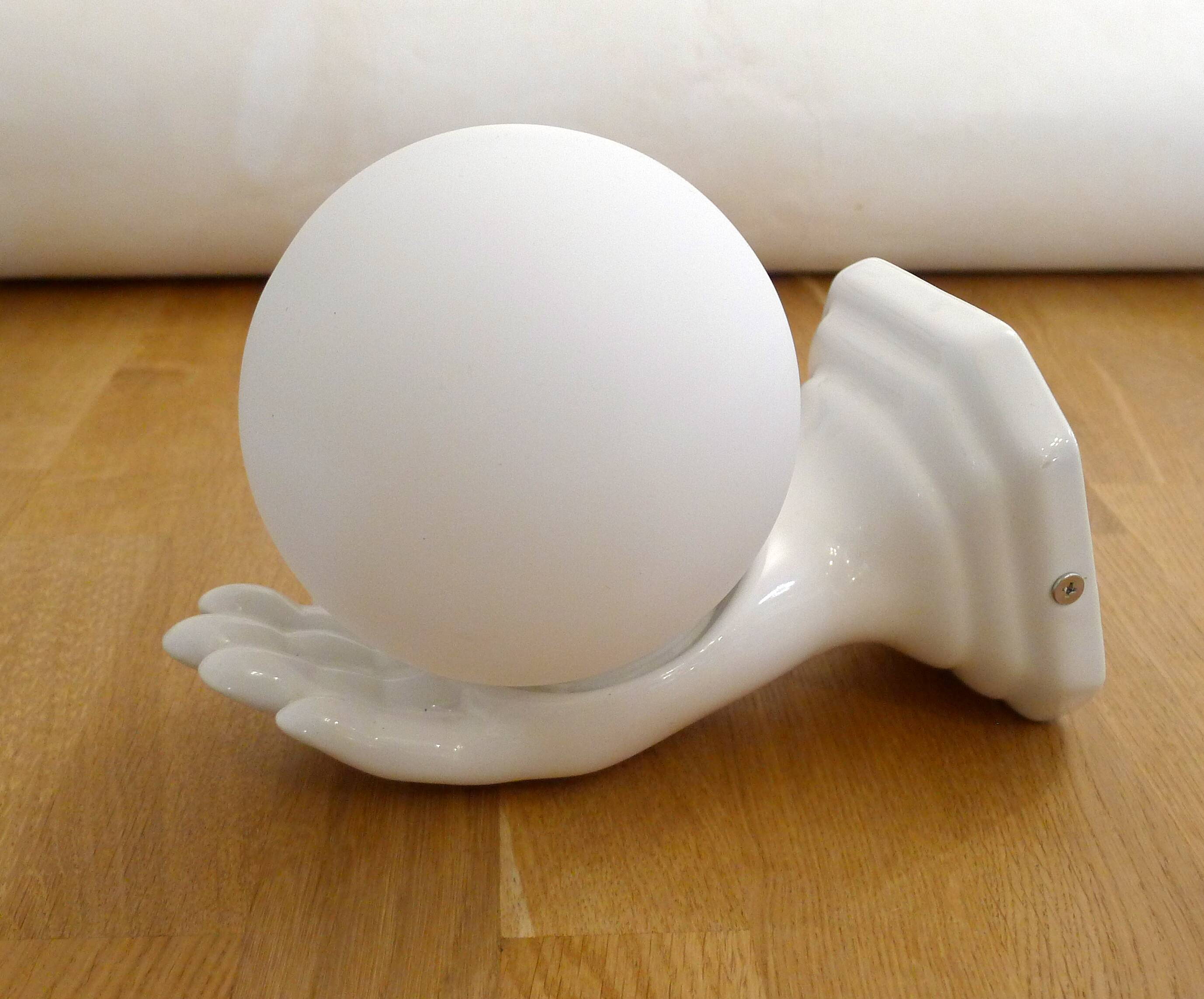 Vintage wall lamp with outstretched hand & opaline globe