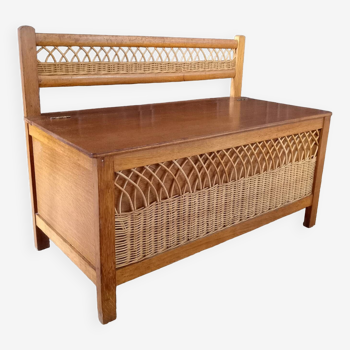 Banc coffre a jouets vintage bois et rotin