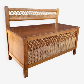 Vintage wood and rattan toy chest bench