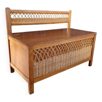 Banc coffre a jouets vintage bois et rotin
